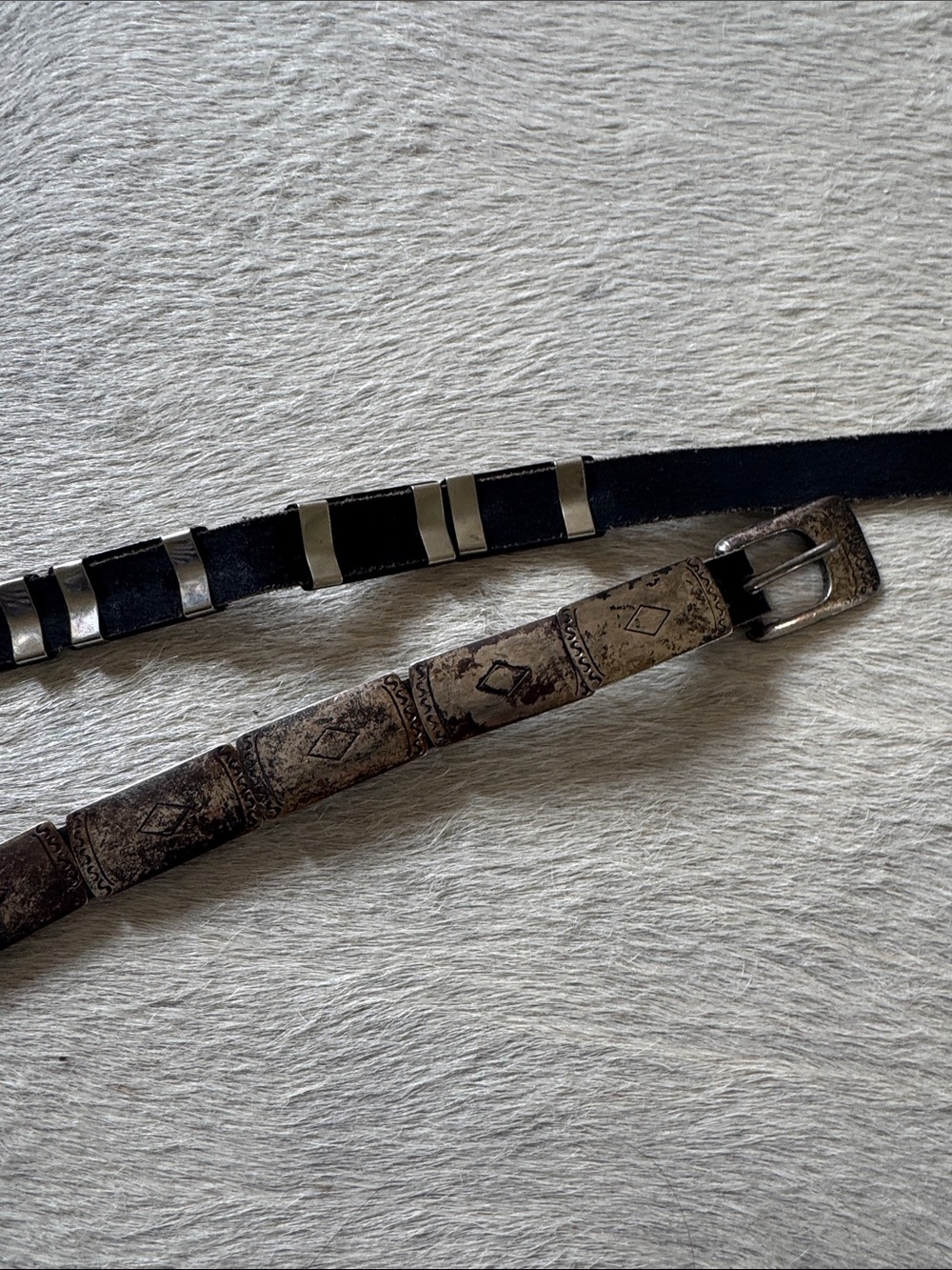 Vintage Black and Brown Leather Belt with Metal Accents